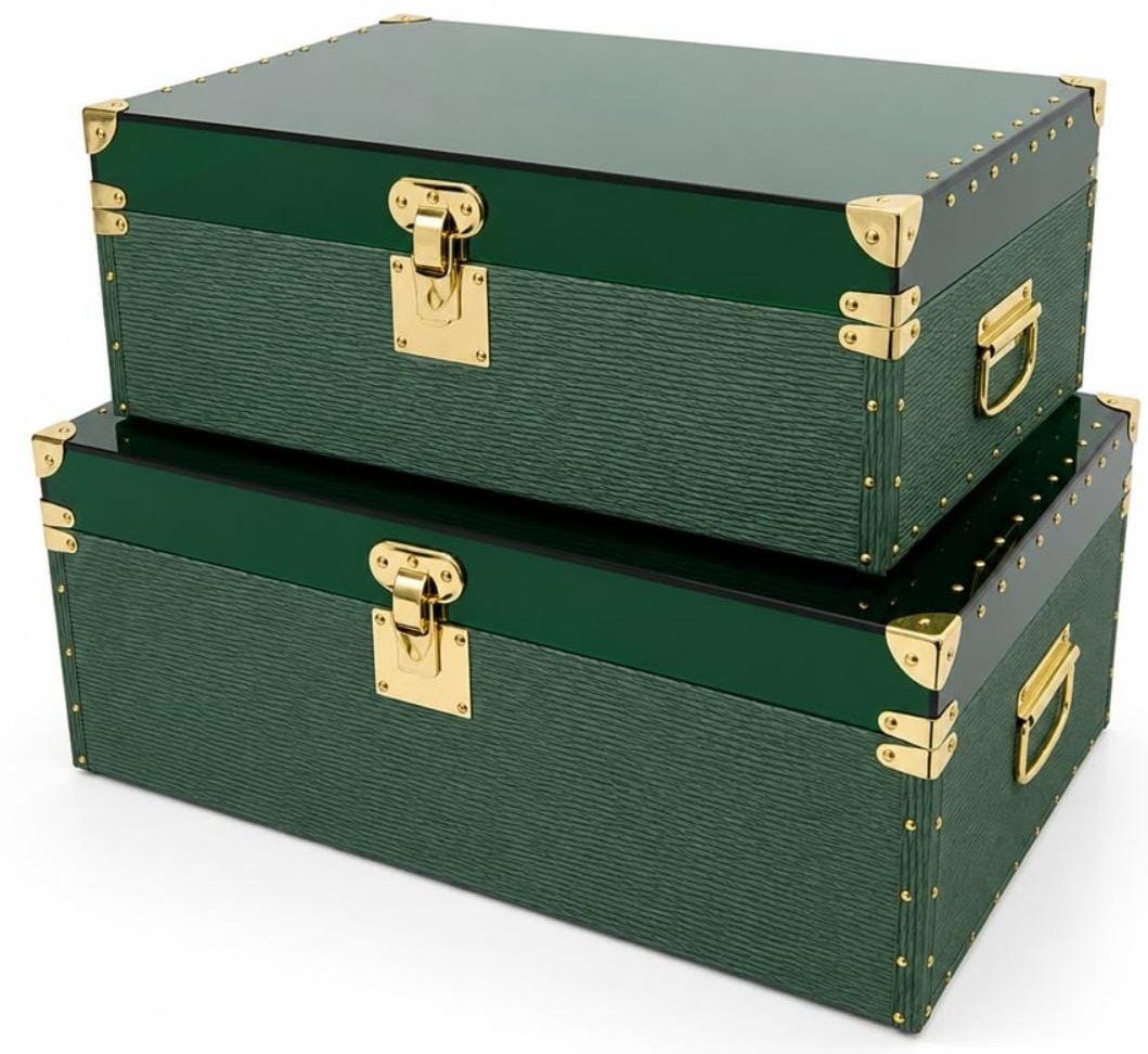 Eto trunks in forest green with gold hardware